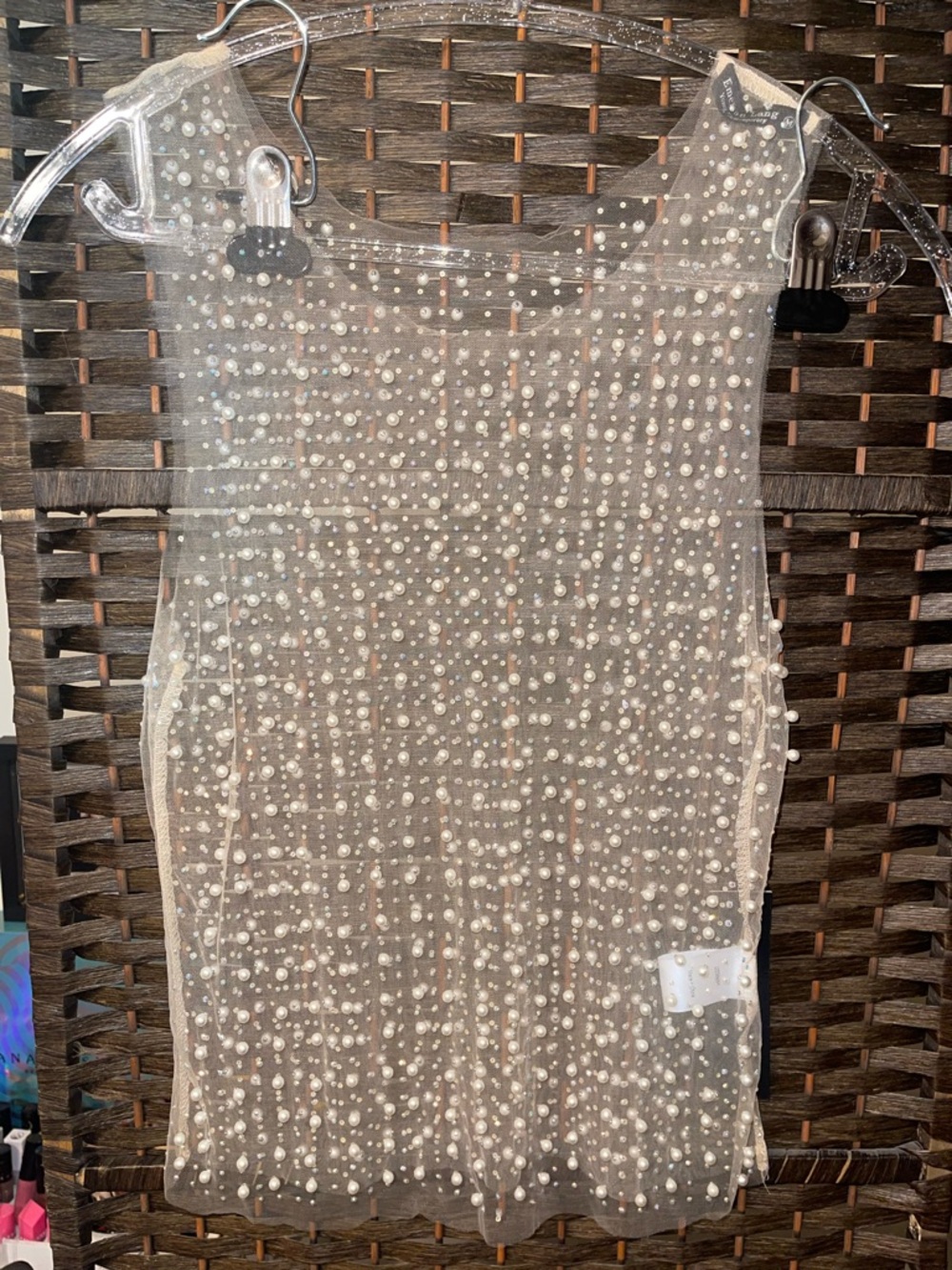 Emmerson Lang Bedazzled Pearl-Embellished Cream Mesh Tank Top Size Medium